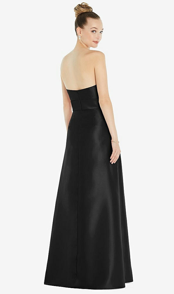 Back View - Black Basque-Neck Strapless Satin Gown with Mini Sash