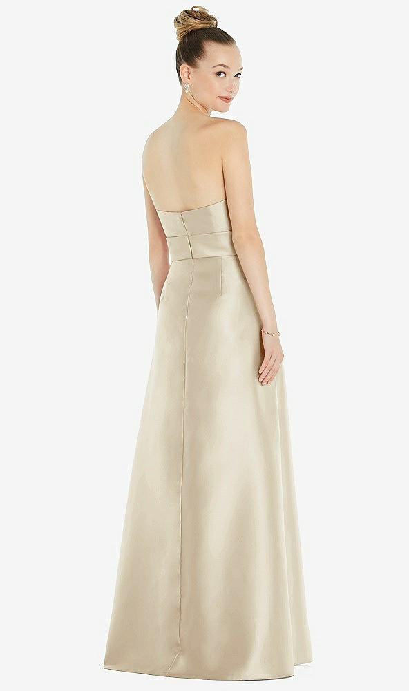 Back View - Champagne Basque-Neck Strapless Satin Gown with Mini Sash