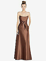 Front View Thumbnail - Cognac Basque-Neck Strapless Satin Gown with Mini Sash