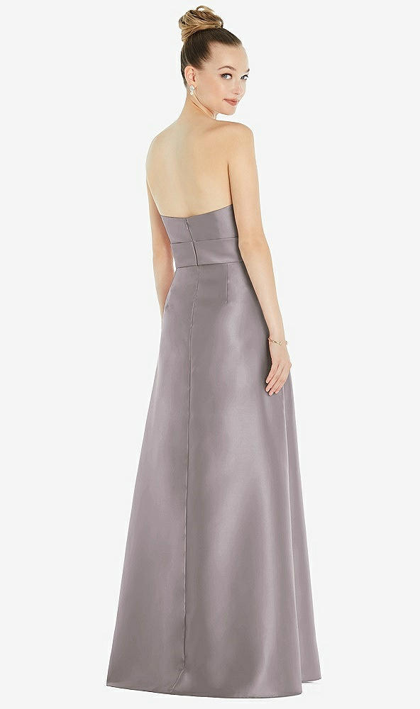 Back View - Cashmere Gray Basque-Neck Strapless Satin Gown with Mini Sash