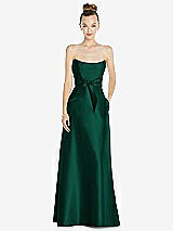 Front View Thumbnail - Hunter Green Basque-Neck Strapless Satin Gown with Mini Sash
