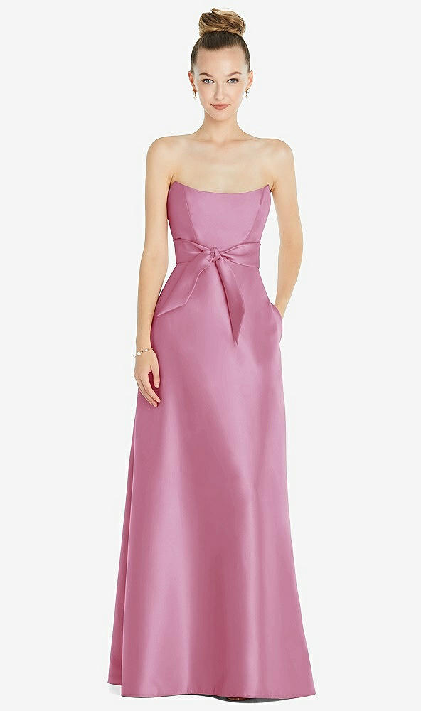Front View - Powder Pink Basque-Neck Strapless Satin Gown with Mini Sash