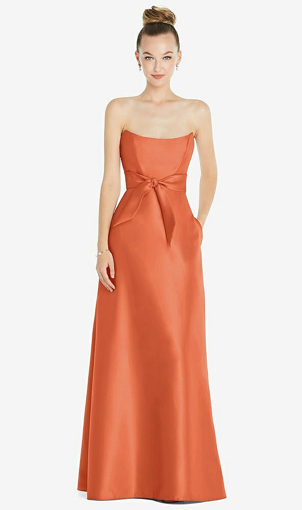 Front View - Portofino Orange Basque-Neck Strapless Satin Gown with Mini Sash