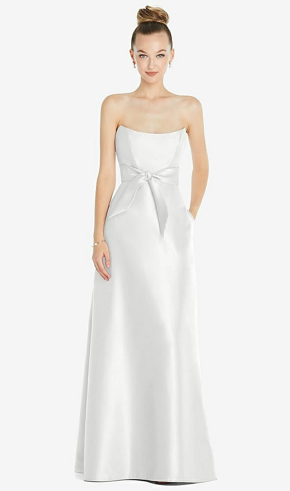 Front View - White Basque-Neck Strapless Satin Gown with Mini Sash