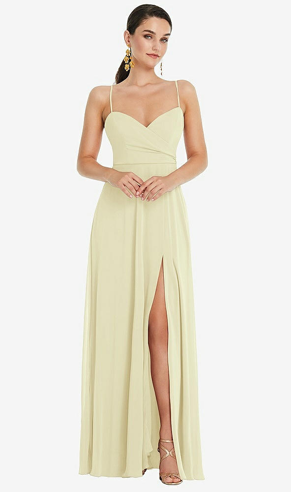 Front View - Butter Yellow Adjustable Strap Wrap Bodice Maxi Dress with Front Slit