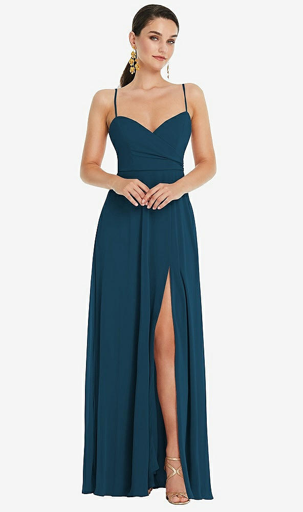 Front View - Atlantic Blue Adjustable Strap Wrap Bodice Maxi Dress with Front Slit