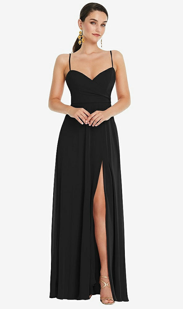 Front View - Black Adjustable Strap Wrap Bodice Maxi Dress with Front Slit