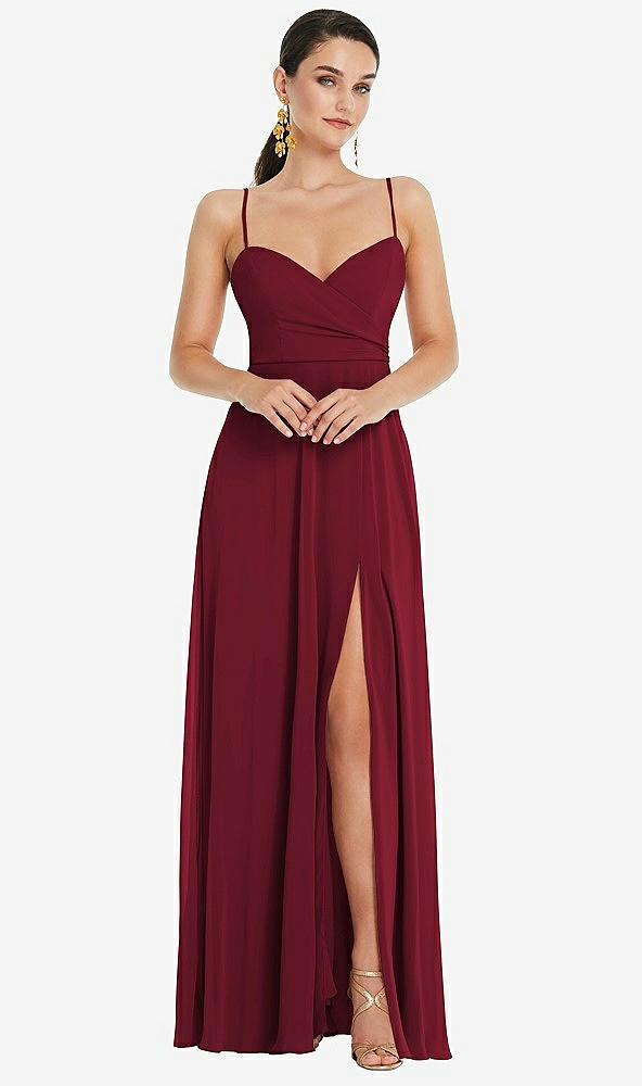 Front View - Burgundy Adjustable Strap Wrap Bodice Maxi Dress with Front Slit