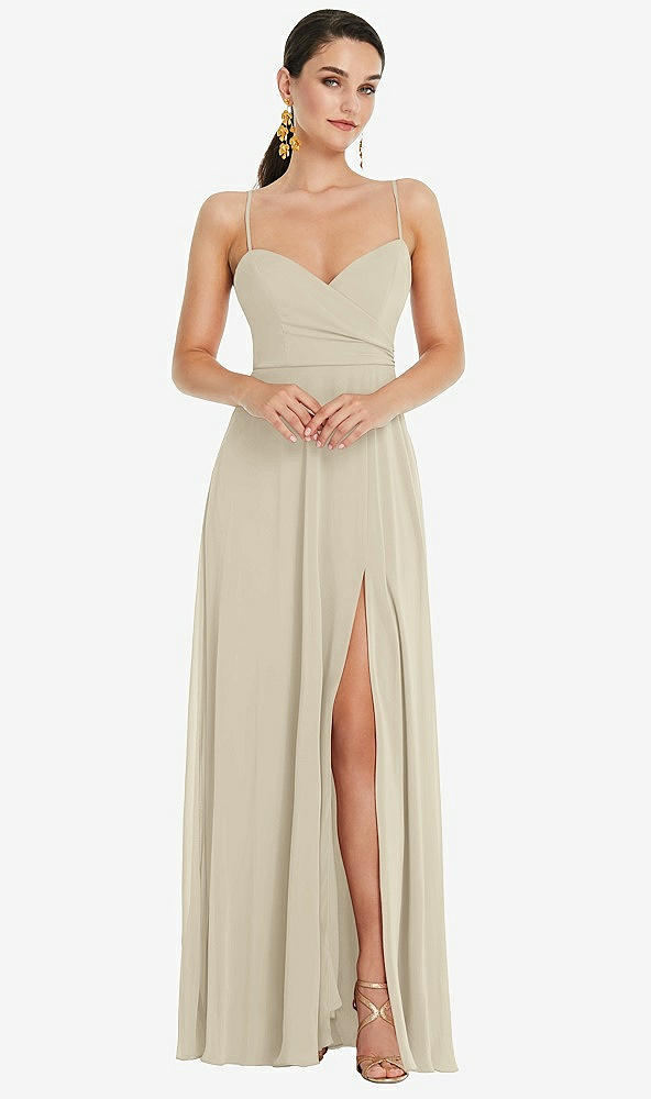 Front View - Champagne Adjustable Strap Wrap Bodice Maxi Dress with Front Slit