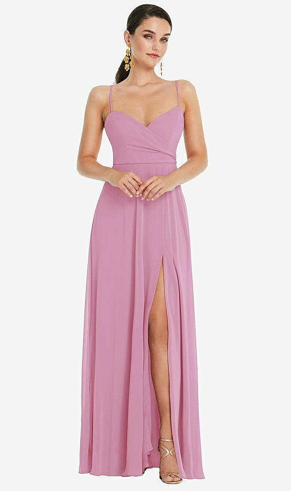 Front View - Powder Pink Adjustable Strap Wrap Bodice Maxi Dress with Front Slit
