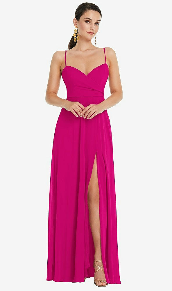 Front View - Think Pink Adjustable Strap Wrap Bodice Maxi Dress with Front Slit