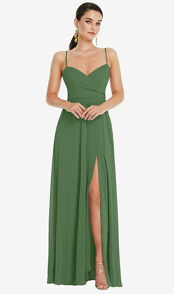 Front View - Vineyard Green Adjustable Strap Wrap Bodice Maxi Dress with Front Slit