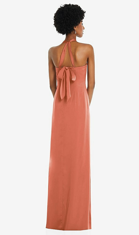 Back View - Terracotta Copper Draped Satin Grecian Column Gown with Convertible Straps