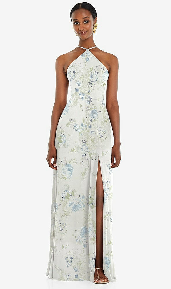 Front View - Bleu Garden Diamond Halter Maxi Dress with Adjustable Straps