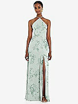 Front View Thumbnail - Mint Green Floral Diamond Halter Maxi Dress with Adjustable Straps