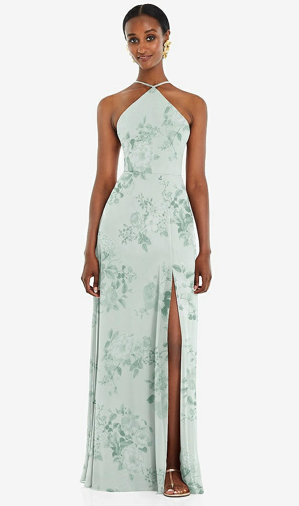 Front View - Mint Green Floral Diamond Halter Maxi Dress with Adjustable Straps