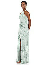 Side View Thumbnail - Mint Green Floral Diamond Halter Maxi Dress with Adjustable Straps