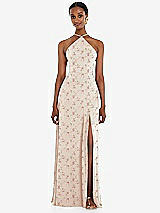 Front View Thumbnail - Coquette Floral Print Diamond Halter Maxi Dress with Adjustable Straps