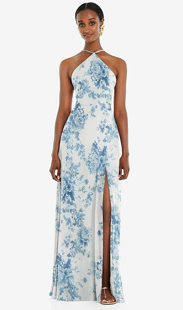 Front View - Cottage Rose Dusk Blue Diamond Halter Maxi Dress with Adjustable Straps