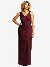 Front View Thumbnail - Cabernet Faux Wrap Whisper Satin Maxi Dress with Draped Tulip Skirt