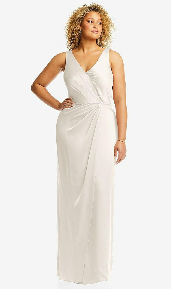 Front View - Ivory Faux Wrap Whisper Satin Maxi Dress with Draped Tulip Skirt