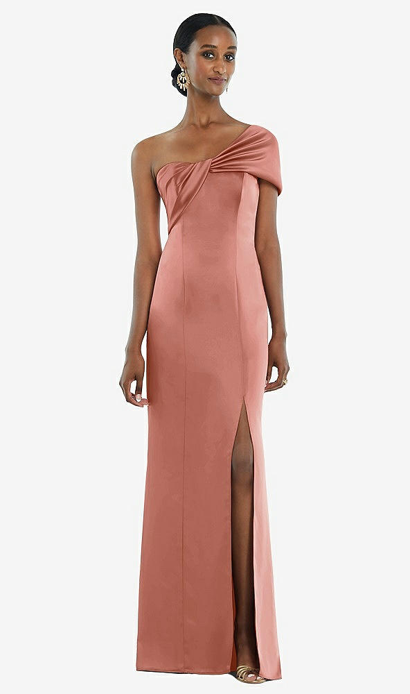 Front View - Desert Rose Twist Cuff One-Shoulder Princess Line Trumpet Gown