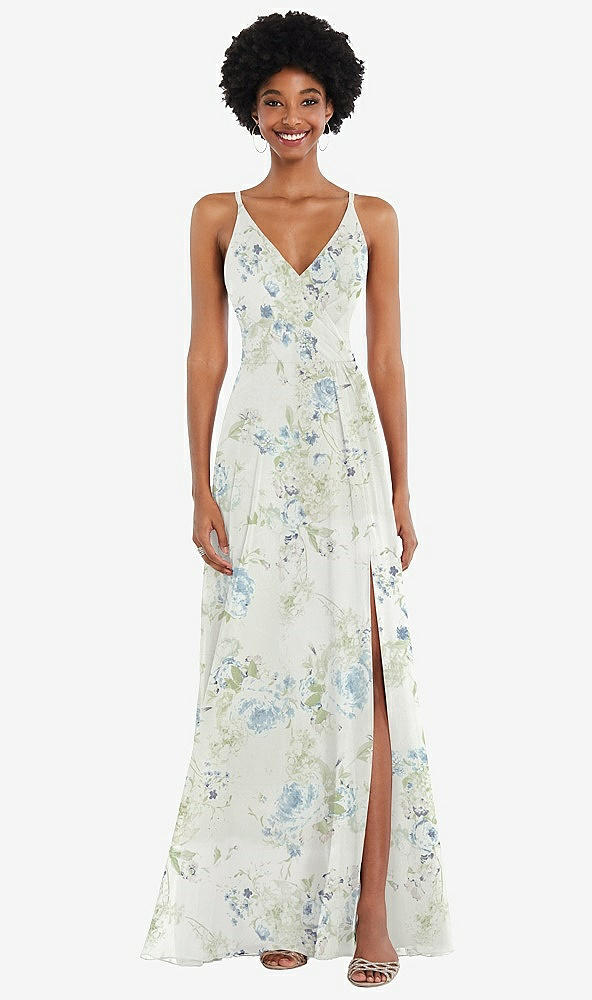 Front View - Bleu Garden Faux Wrap Criss Cross Back Maxi Dress with Adjustable Straps