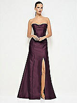 Alt View 1 Thumbnail - Deep Plum Bow Cuff Strapless Princess Waist Trumpet Gown