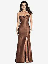 Front View Thumbnail - Cognac Bow Cuff Strapless Princess Waist Trumpet Gown