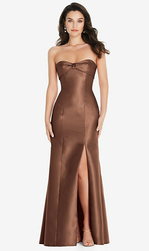 Front View - Cognac Bow Cuff Strapless Princess Waist Trumpet Gown