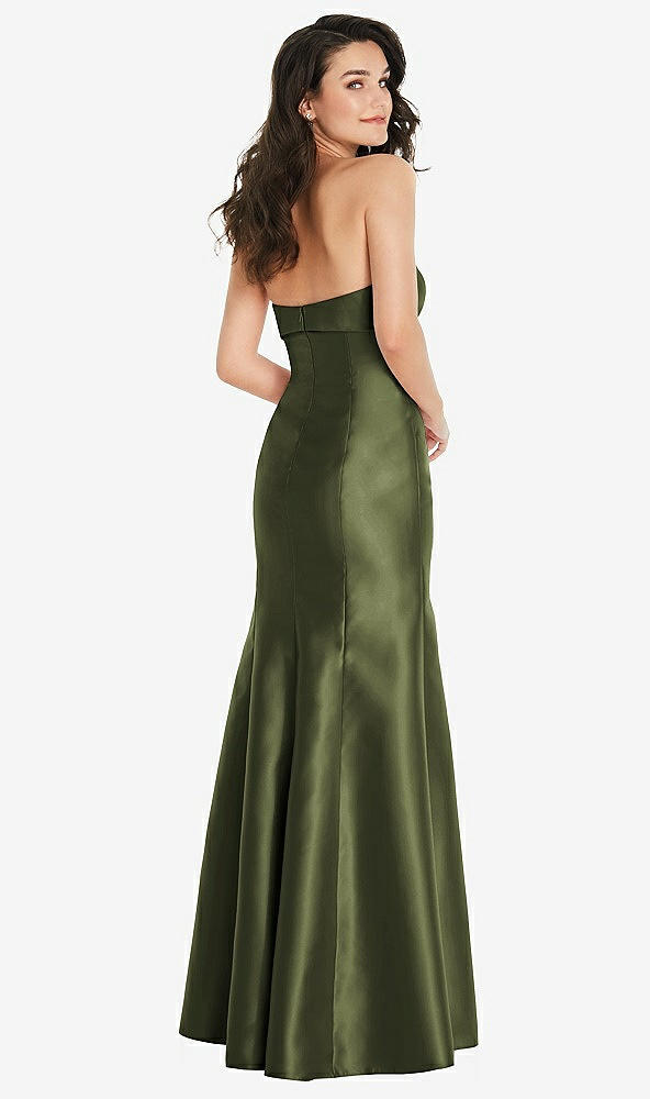 Back View - Olive Green Bow Cuff Strapless Princess Waist Trumpet Gown