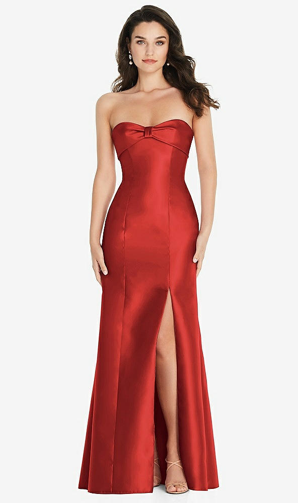 Front View - Poppy Red Bow Cuff Strapless Princess Waist Trumpet Gown
