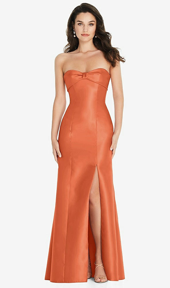 Front View - Portofino Orange Bow Cuff Strapless Princess Waist Trumpet Gown