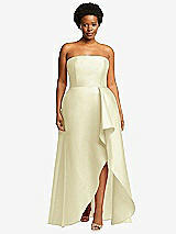 Front View Thumbnail - Butter Yellow Strapless Satin Gown with Draped Front Slit and Pockets