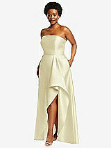 Side View Thumbnail - Butter Yellow Strapless Satin Gown with Draped Front Slit and Pockets