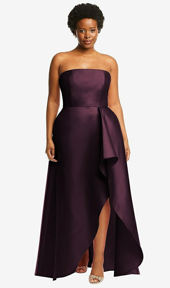 Front View - Deep Plum Strapless Satin Gown with Draped Front Slit and Pockets