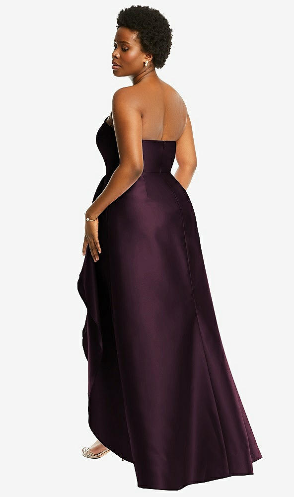 Back View - Deep Plum Strapless Satin Gown with Draped Front Slit and Pockets