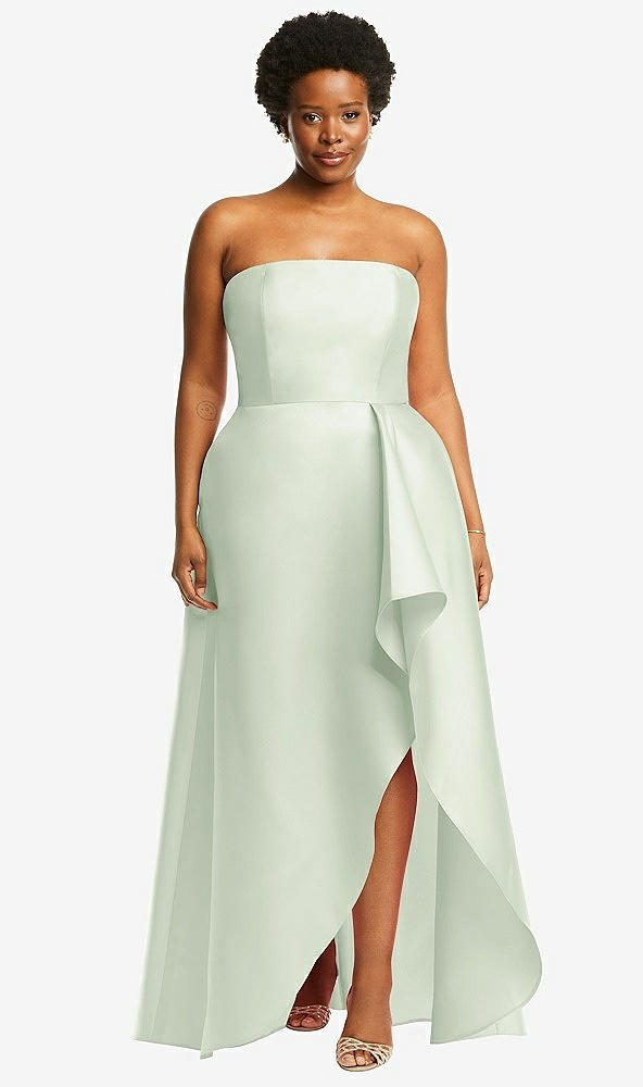 Front View - Mint Green Strapless Satin Gown with Draped Front Slit and Pockets