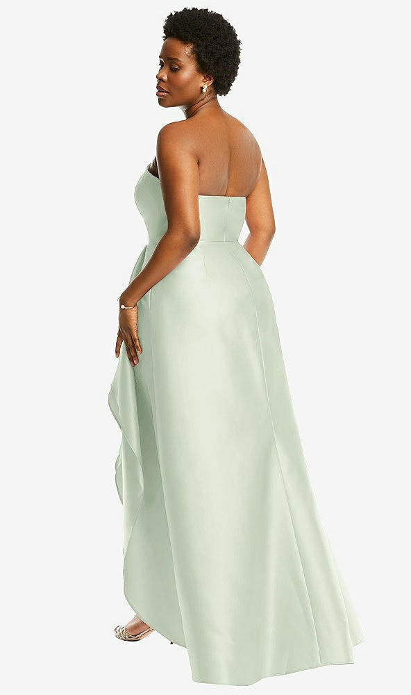 Back View - Mint Green Strapless Satin Gown with Draped Front Slit and Pockets