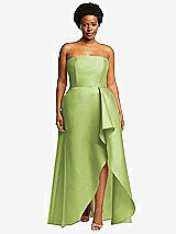 Front View Thumbnail - Mojito Strapless Satin Gown with Draped Front Slit and Pockets