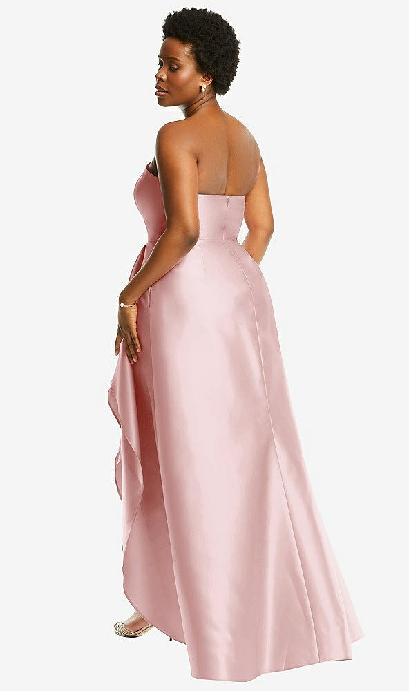 Back View - Ballet Pink Strapless Satin Gown with Draped Front Slit and Pockets