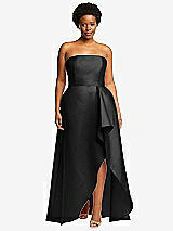 Front View Thumbnail - Black Strapless Satin Gown with Draped Front Slit and Pockets