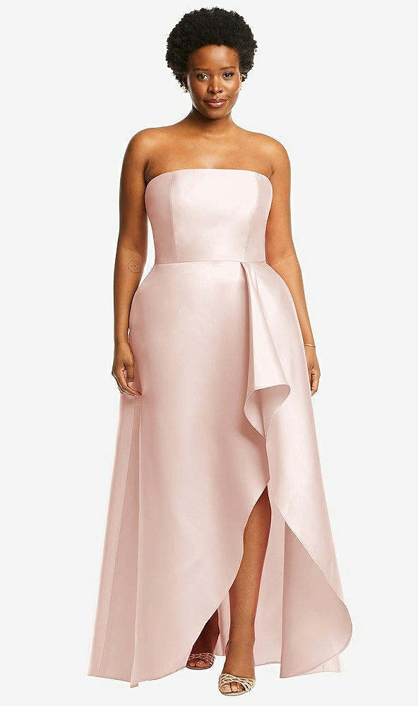 Front View - Blush Strapless Satin Gown with Draped Front Slit and Pockets