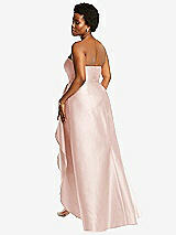Rear View Thumbnail - Blush Strapless Satin Gown with Draped Front Slit and Pockets