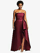 Front View Thumbnail - Cabernet Strapless Satin Gown with Draped Front Slit and Pockets