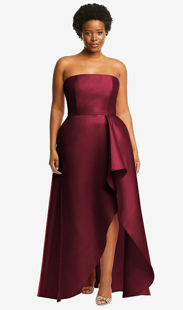 Front View - Cabernet Strapless Satin Gown with Draped Front Slit and Pockets