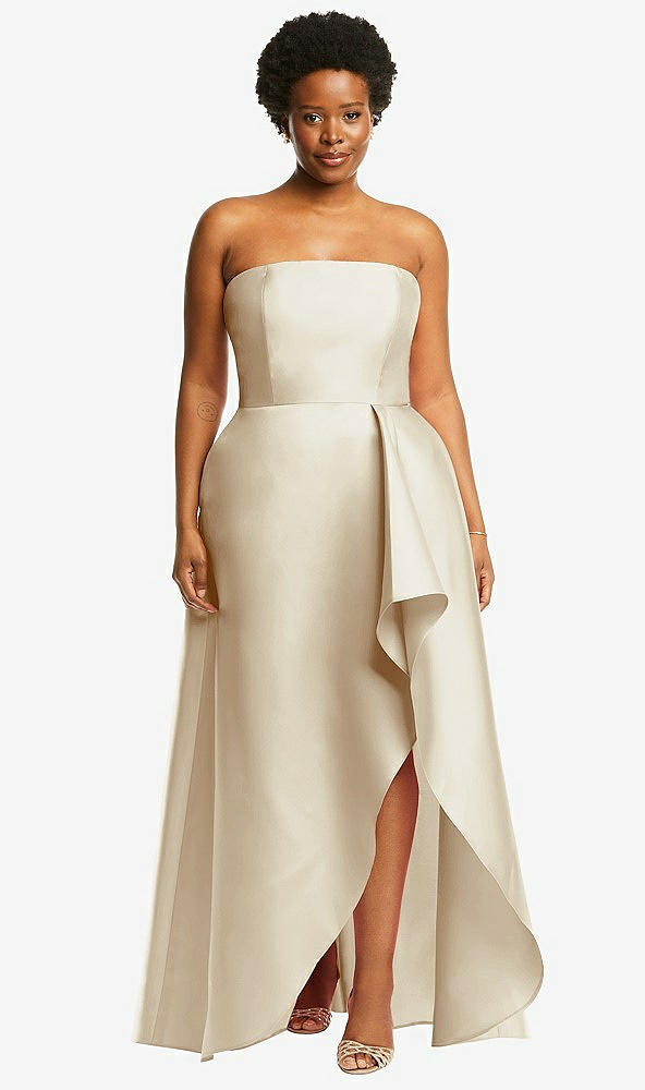 Front View - Champagne Strapless Satin Gown with Draped Front Slit and Pockets