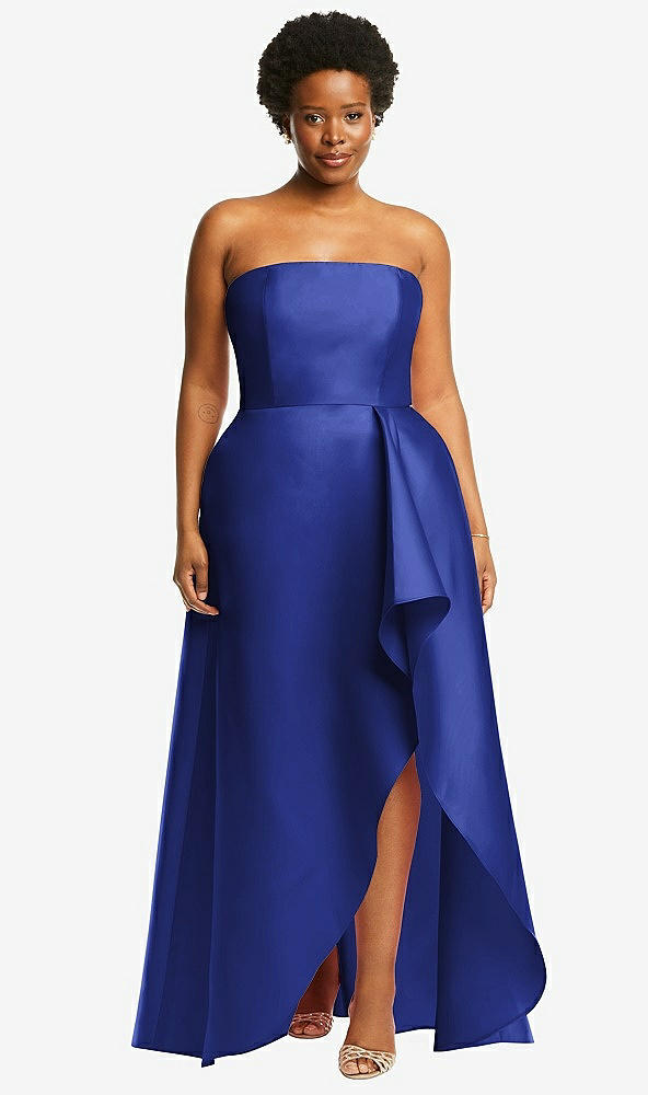 Front View - Cobalt Blue Strapless Satin Gown with Draped Front Slit and Pockets