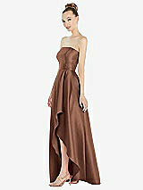 Alt View 2 Thumbnail - Cognac Strapless Satin Gown with Draped Front Slit and Pockets