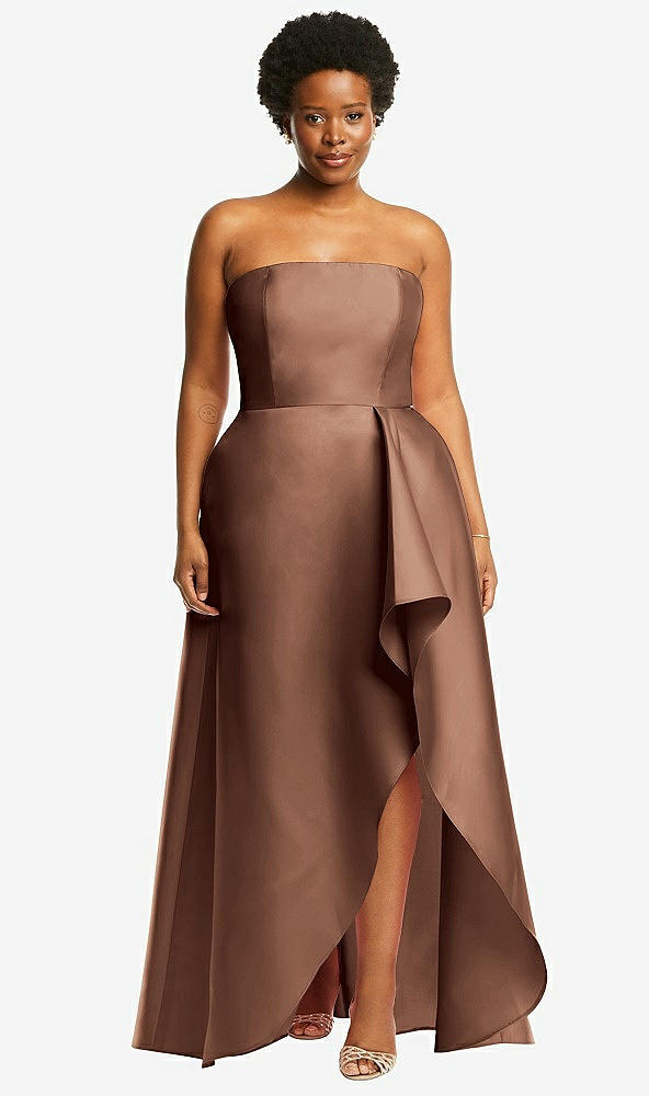 Front View - Cognac Strapless Satin Gown with Draped Front Slit and Pockets